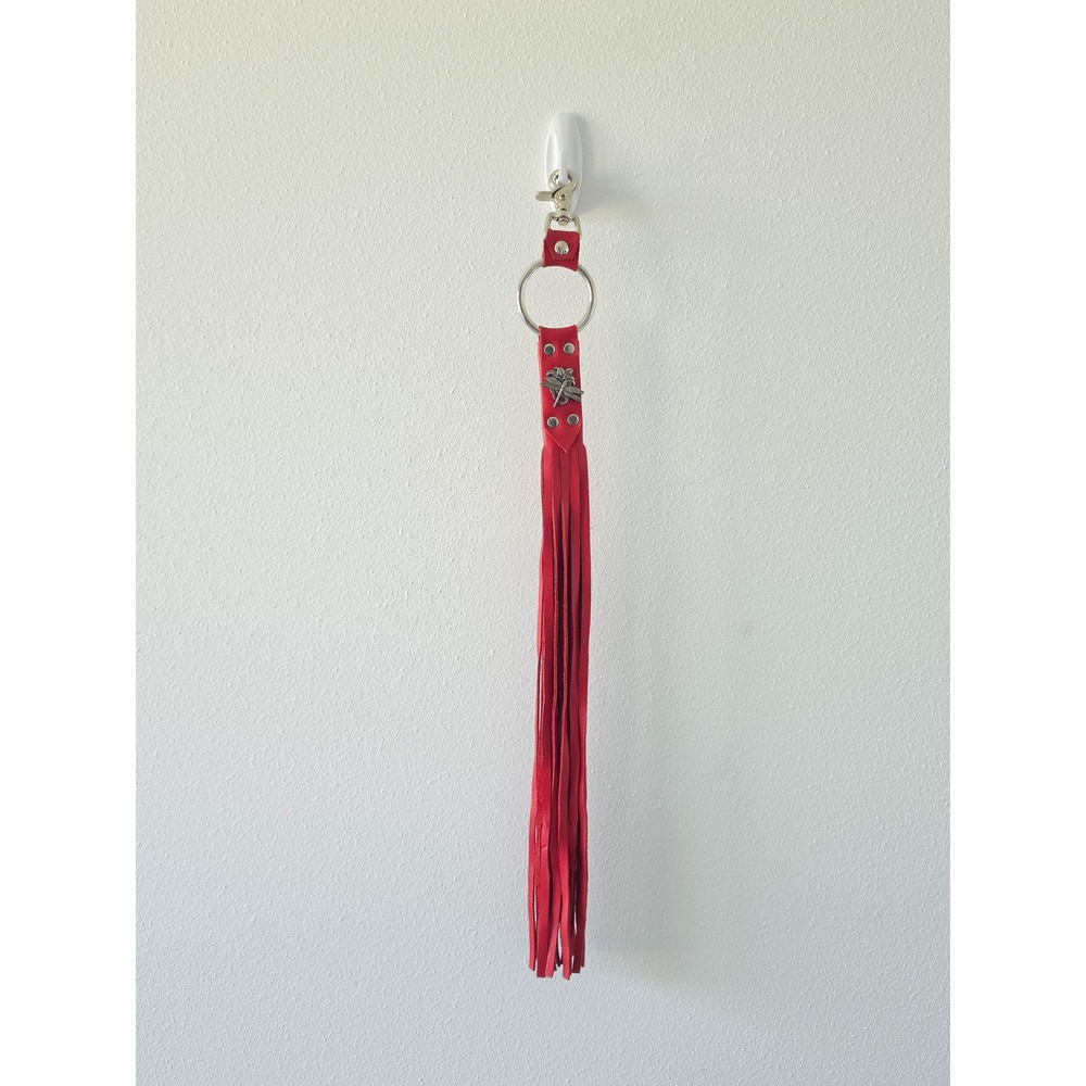 Red Leather Tassel Bag Charm Extra Long Fringe Dragonfly Keychain Silver Tone